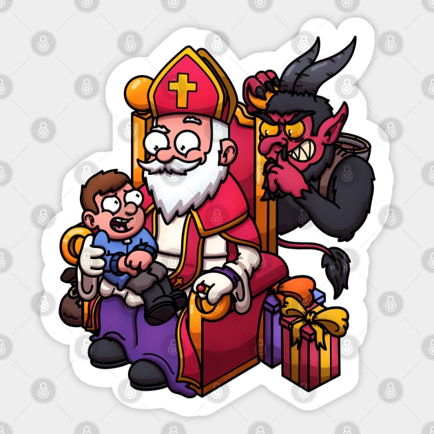 Kid On Lap Of Saint Nicholas While Krampus Is Stalking Sticker by TheMaskedTooner